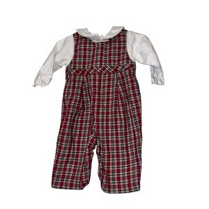 Petit Ami Red and White holiday Plaid Overall with shirt 6m